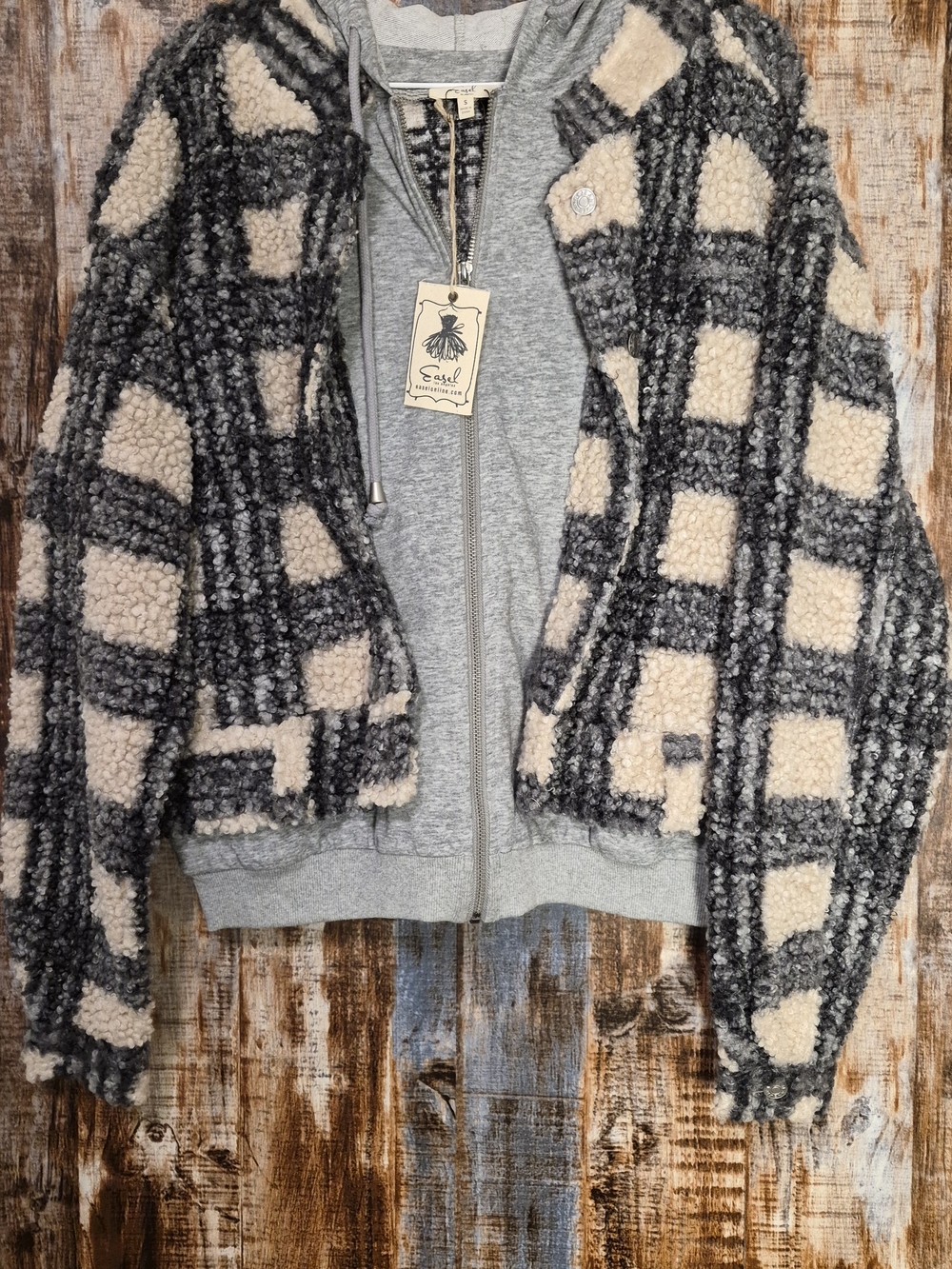 Plaid Sherpa Zip-Front Teddy Jacket with Hoodie - Gray & Cream